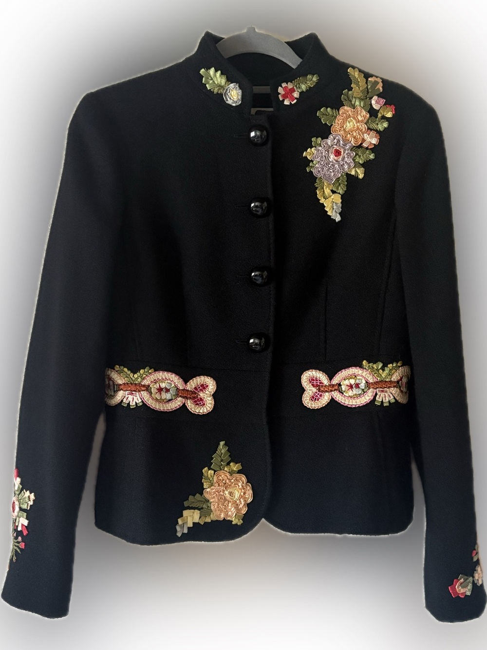 Moschino Rare 2-Piece Skirt Suit Black Ribbon Floral Appliqué Vintage Y2K Sz 10 - Picture 2 of 14
